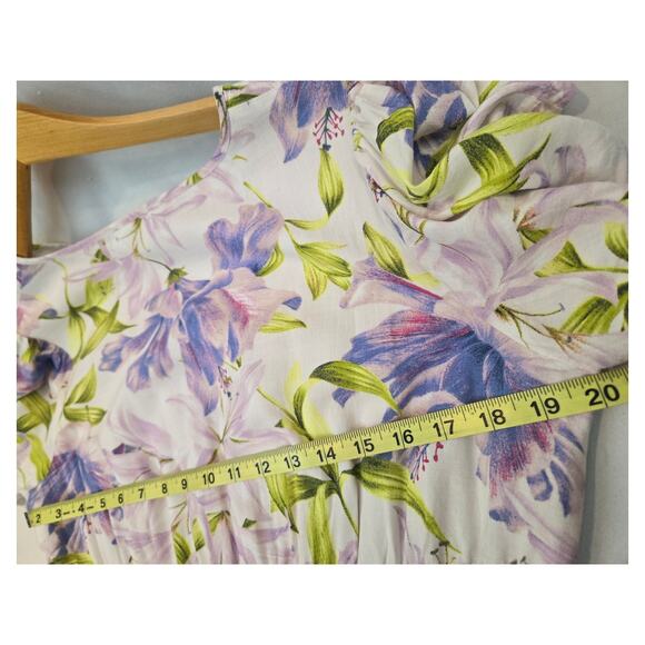 Biltmore Linen Floral V-Neck Midi Dress Romantic Lavender Cream Lined Large - Picture 8 of 10